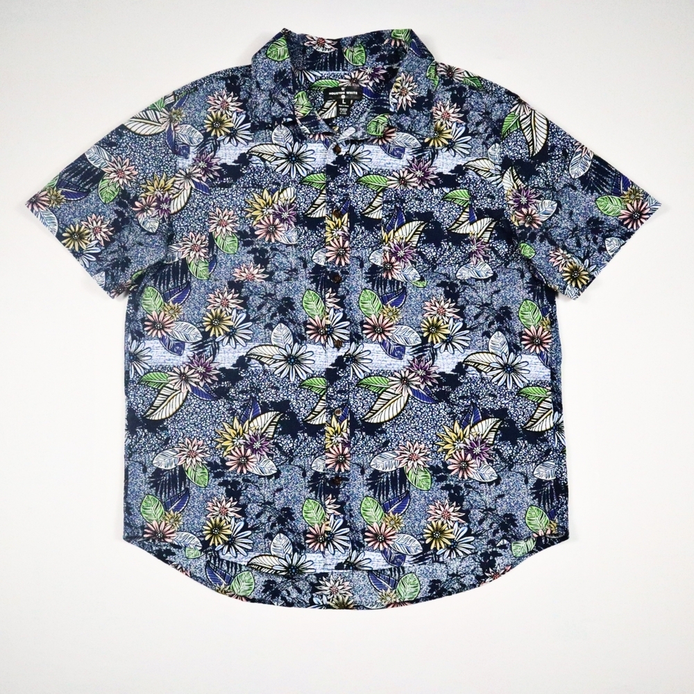 Houston White Adult Short‎ Sleeve Journey Button-Down Shirt Navy Floral Tropical